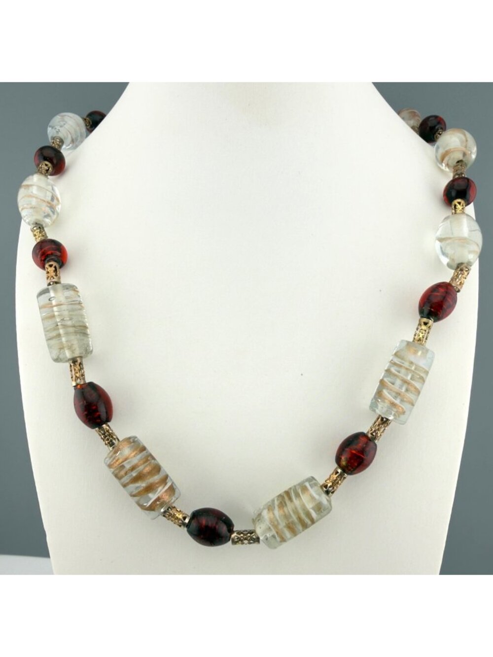 Art Glass Bead Necklace Studio Handmade Red Clear Gold Foil 20”